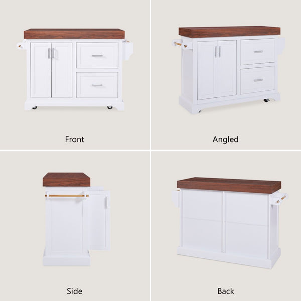 English Elm K&k Rolling Kitchen Island with Walnut Grain Countertop Drawers and Spice Rack White N707S000025W