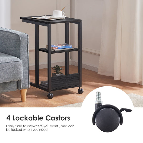 English Elm Shaped End Table with Lockable Wheels and Two-Tier Storage — C-Shape Rolling Side Table for Sofa Black,Oak T3623P409437
