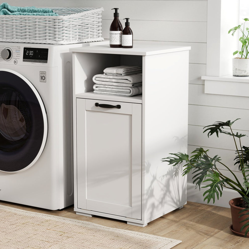 English Elm Laundry Cabinet with Removable Liner Bag, Space-Saving Divided Organizer for Dorms, Apartments, Tidy Storage W331P365071