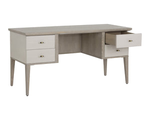 Sunpan Pattinson Desk – Classic White Ceruse Oak with Oyster Shagreen Drawers & Antique Brass Handles