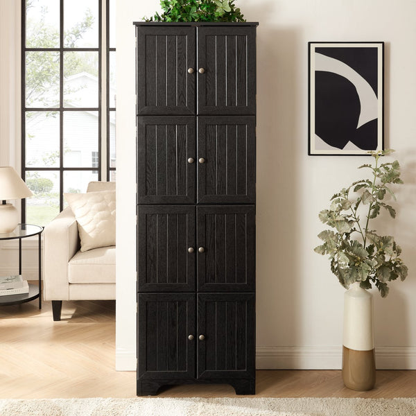 English Elm 72.4" Tall Storage Cabinet with 8 Doors and 4 Shelves, Elegant Oak Finish Freestanding Organizer for Entryway Black W1758P300141