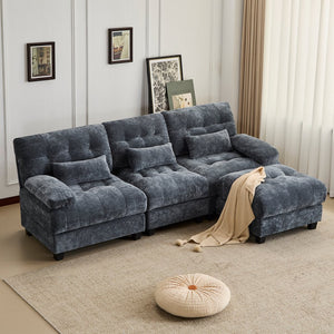 English Elm 93" 3+1 Seater Sofa with Ottoman, 4-Position Recline, 350lb Capacity Per Seat, Plush Chenille, 3 Pillows Blue W2606S00041