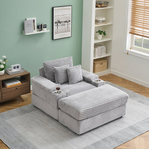 English Elm This Corduroy Single Seat Armchair with Storage Ottoman and Built-in Cup Holders Gray W1278S00077