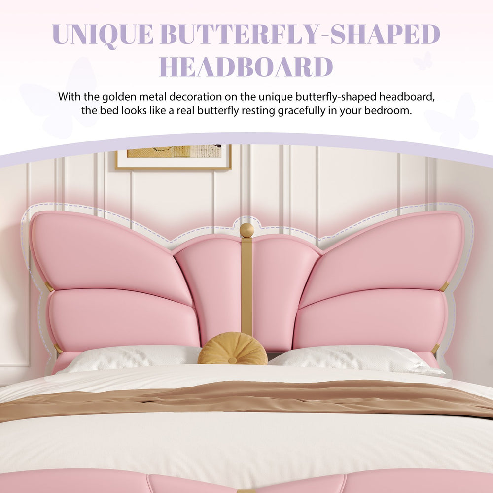 English Elm Christopher Knight Home® - Full Upholstered PU Leather Bed Frame with Butterfly Headboard, Gold Accents, Solid Wood Platform Light Pink 78.25 L x 10 W x 3.25 H N761S0000018H