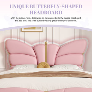 English Elm Christopher Knight Home® - Full Upholstered PU Leather Bed Frame with Butterfly Headboard, Gold Accents, Solid Wood Platform Light Pink 78.25 L x 10 W x 3.25 H N761S0000018H