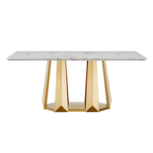English Elm Marble Dining Table For 6-8, 70'' Rectangle Faux Marble Design With Elegant Gold Stainless Steel Base W3456S00011