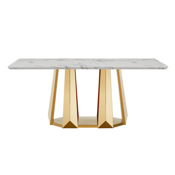 English Elm Marble Dining Table For 6-8, 70'' Rectangle Faux Marble Design With Elegant Gold Stainless Steel Base W3456S00011