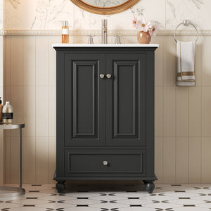 English Elm 24'' French Style Bathroom Vanity with Ceramic Sink Soft Close Cabinet and Drawer Black N710P411227B