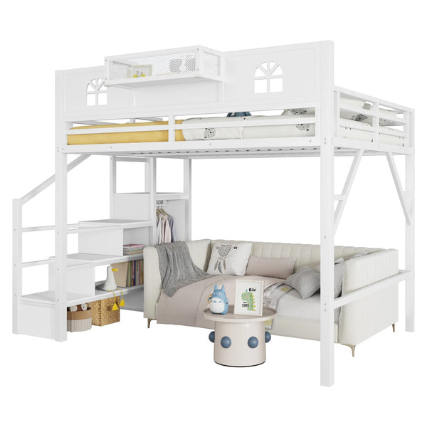 English Elm Queen Size Loft Bed With House-Shaped Guardrails, Stairs & Wardrobe - Perfect For Kids & Teens! W2593S00038-GIGA