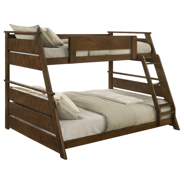 English Elm Reeder Walnut Finish Twin Over Full Bunk Bed Solid Wood Frame for Kids Shared Rooms B062S01557