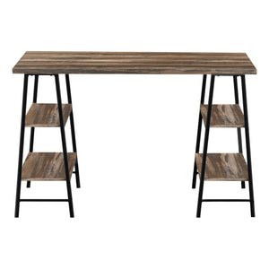 English Elm Computer Desk with Industrial Sawhorse Legs and 4 Open Shelves, 48" Reclaimed Wood-Look Workspace Brown 51 L x 26 W x 5 H B2710P219814