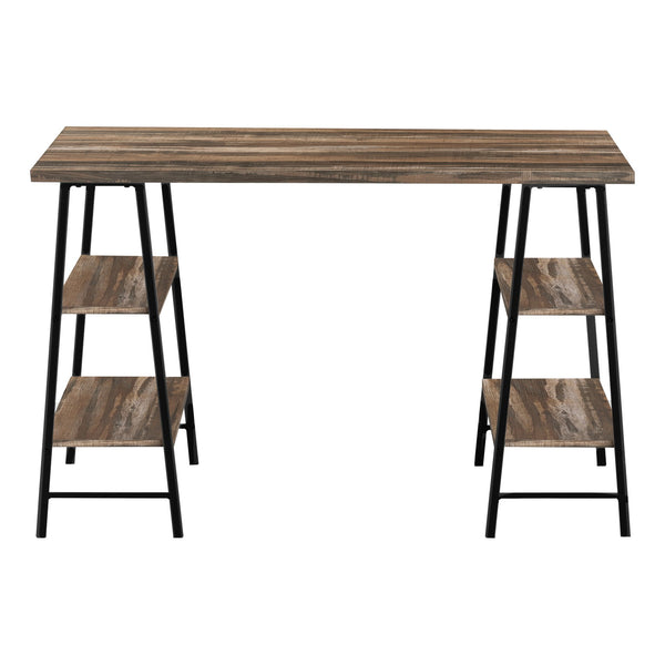 English Elm Computer Desk with Industrial Sawhorse Legs and 4 Open Shelves, 48" Reclaimed Wood-Look Workspace Brown 51 L x 26 W x 5 H B2710P219814