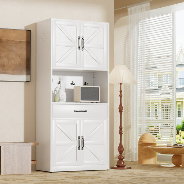 English Elm 71 Inch Steel Kitchen Pantry Cabinet with Adjustable Shelves Drawer and Hooks Modern White T2398P413028
