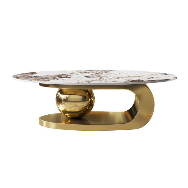 English Elm 49.2 Oval Faux Marble Coffee Table with Titanium-Coated Stainless Steel Base and Sintered Stone Top Gold,White W3136S00014