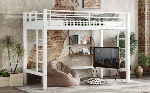 English Elm Twin Xl White Iron Loft Bed with Guardrails and Ladder for Dorm or Teen Room W1580P435706
