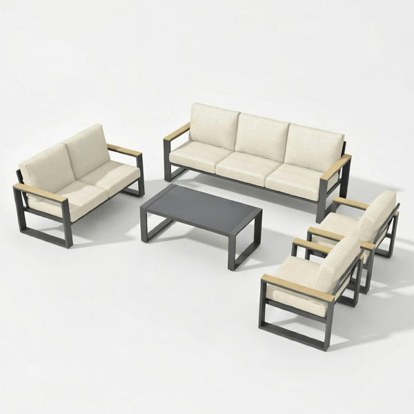 English Elm All-weather 5 Piece Aluminum Patio Conversation Set 7 Seat with Tempered Glass Table Beige+Grey B082S00115