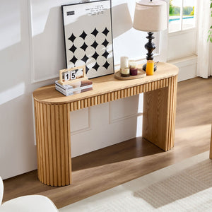 English Elm 59.05'' Matte Finish Console Table Curved Top Striped Legs Slim Entryway Foyer Natural W876P439955
