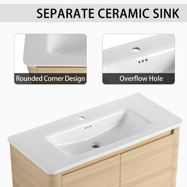 English Elm 40'' Freestanding Bathroom Vanity Plywood Cabinet Ceramic Sink Soft Close Doors W999S00518