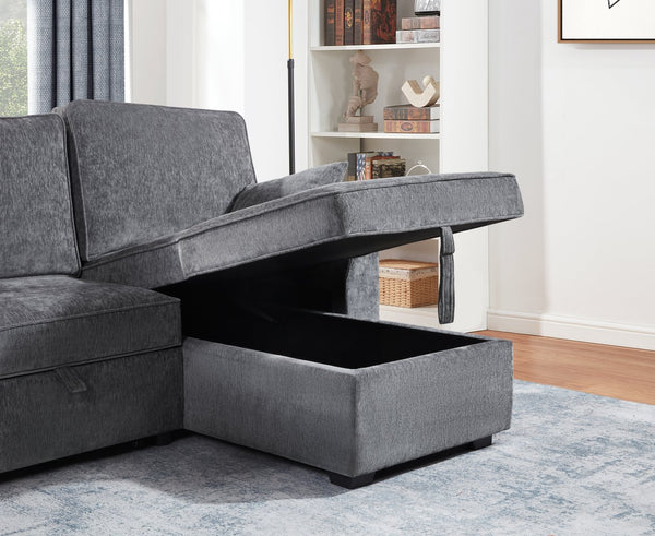 English Elm Emmy 89"W Dark Gray Fabric Sleeper Sectional with Reversible Storage Chaise, USB & Cupholders, Pillows B061S00930