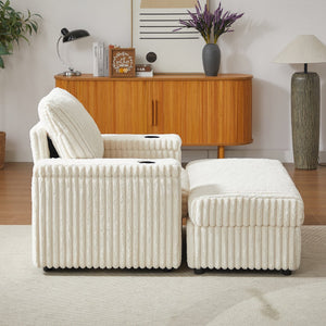 English Elm 42.5-inch corduroy single recliner with cup holder, storage ottoman, plush back pillow for lounging Beige W834P375116