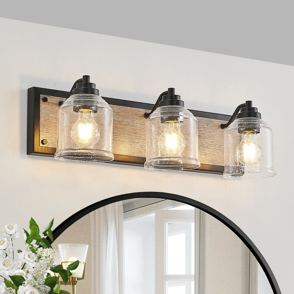 English Elm 23" Farmhouse Vanity Light Fixture – 3-Light Industrial Wall Sconce with Clear Seeded Glass, Black Woodgrain Finish W2312P374826