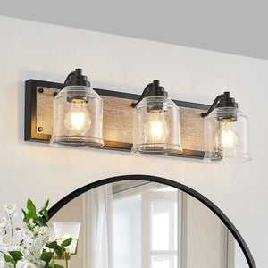 English Elm 23" Farmhouse Vanity Light Fixture – 3-Light Industrial Wall Sconce with Clear Seeded Glass, Black Woodgrain Finish W2312P374826