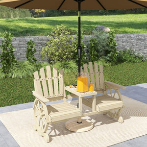 English Elm Outsunny Rustic Fir Wood 2 Seat Garden Bench with Wagon Wheel Legs and Center Table W2225P485566