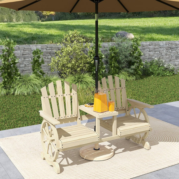 English Elm Outsunny Rustic Fir Wood 2 Seat Garden Bench with Wagon Wheel Legs and Center Table W2225P485566