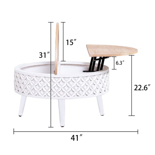 English Elm Round Lift-Top Coffee Table with Storage — 31.5" Boho Modern Farmhouse Accent, White Carved Base, Natural Wood Top W2729P330223
