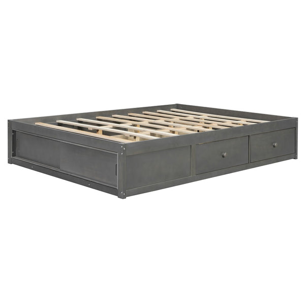 English Elm Queen Platform Bed with Four Storage Drawers Footboard Cubby Modern Low Profile Frame Gray LP000138AAE