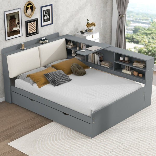 English Elm Wood Full Size platform bed with trundle, built-in storage headboard and shelves, sturdy pine frame Gray GX002055AAE
