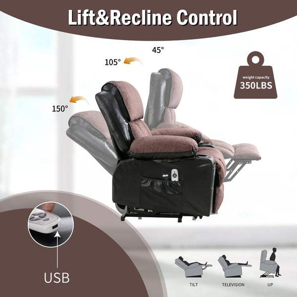 English Elm Power Lift Recliner Chair with Massage Heating Fleece Leather and Usb for Elderly Black+Brown W1807P299421
