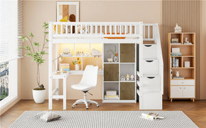 English Elm Wood Twin Loft Bed with Built-In L-Desk, LED Lighting, Staircase Storage, Shelves & Cabinets White N7090000470K
