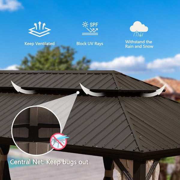 English Elm 14x24FT Hardtop Gazebo Outdoor Pavilion with Galvanized Double Roof, Aluminum Frame, Built-In Gutter System, Curtains and Mesh for Patio Garden Brown W1859S00107