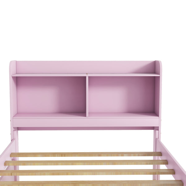 English Elm Twin Pink Trundle Bed with Bookcase Headboard — Space-Saving Twin Bed for Small Rooms, Storage Friendly W504P317860