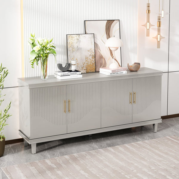 English Elm 70.07"Large Solid Wood 4-Door Cabinet for Living Room Kitchen Bedroom Corridor with 330lb Top Capacity Champagne W757S00027