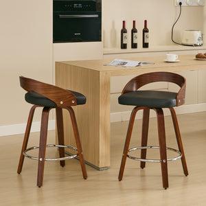 English Elm Bar Stools Set of 2 Mid-century Swivel Walnut Wood Frame with Cushioned Seat Black Pu W1143P173431