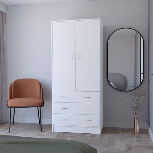 English Elm FM FURNITURE Prescott Armoire White - Elegant 2-Door Wardrobe with Hanging Rod, 3 Drawers, Durable Design B128S00061