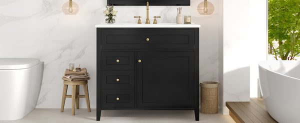 English Elm 36-Inch Black Bathroom Vanity With Sink – Modern Design, 3 Drawers, Adjustable Shelf For Storage N725P350821B