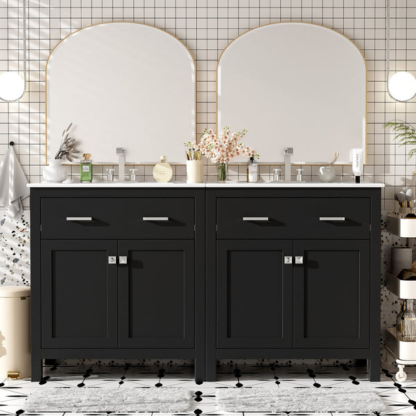 English Elm 60" Modern Bathroom Vanity Set with Double Ceramic Sinks, Soft-Close Doors, Flip Drawer & Storage Black N729P000002B
