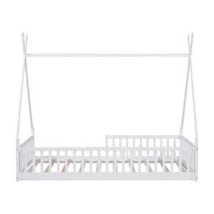 English Elm Twin House Bed with Roof and Fence for Kids – Sturdy Pine Frame, Vintage Wash Design, Safe Sleep Space White N709P183348K