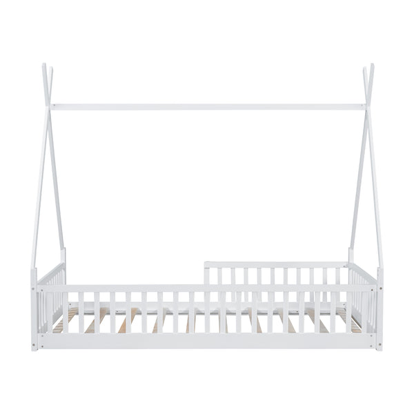 English Elm Twin House Bed with Roof and Fence for Kids – Sturdy Pine Frame, Vintage Wash Design, Safe Sleep Space White N709P183348K