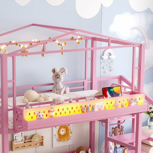 English Elm Twin Metal Loft Bed with Built-in Wardrobe Storage Stairs Led Lights and Usb Ports W5316S00046