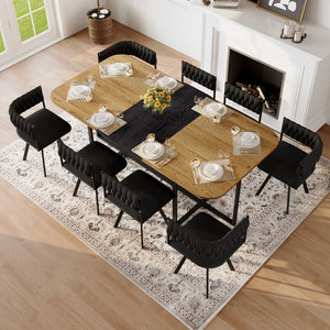 English Elm 9-piece Square Dining Set Velvet Upholstered Chairs Two-tone Tabletop Seats 8 Black,Wood W3875S00142