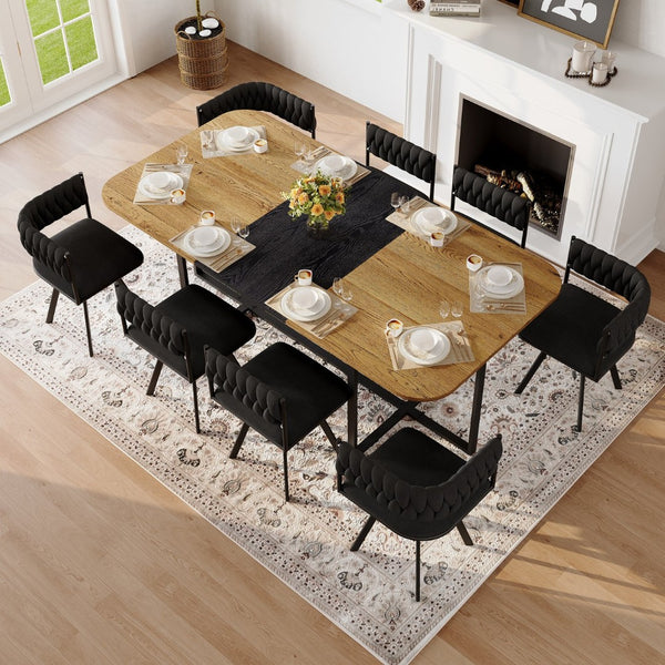 English Elm 9-piece Square Dining Set Velvet Upholstered Chairs Two-tone Tabletop Seats 8 Black,Wood W3875S00142