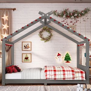 English Elm Twin House Frame Floor Bed Solid Pine Kids Room Montessori Low Profile Play Nook Gray W1580P387843