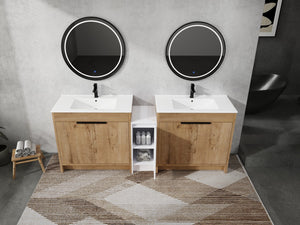 English Elm 84 Inch Freestanding Bathroom Vanity with Integrated Resin Sink, Soft-Close Doors, Shelves & Extra Storage Space Glossy White,Imitative Oak W999S00325