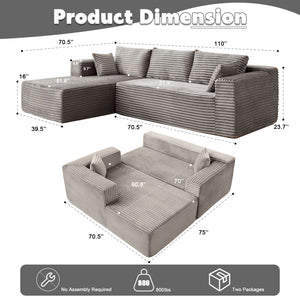 English Elm Compression Modular Sectional Sofa With Deep Chaise – Cozy Grey Corduroy L-Shaped Couch For Small Spaces W3723S00004