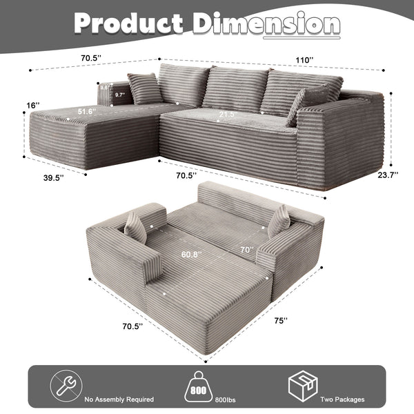English Elm Compression Modular Sectional Sofa With Deep Chaise – Cozy Grey Corduroy L-Shaped Couch For Small Spaces W3723S00004
