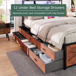English Elm King Bed Frame with LED Headboard, 12 Under-Bed Drawers, Built-In Charging Station, Sturdy Metal Slats Rustic Brown W636S00005